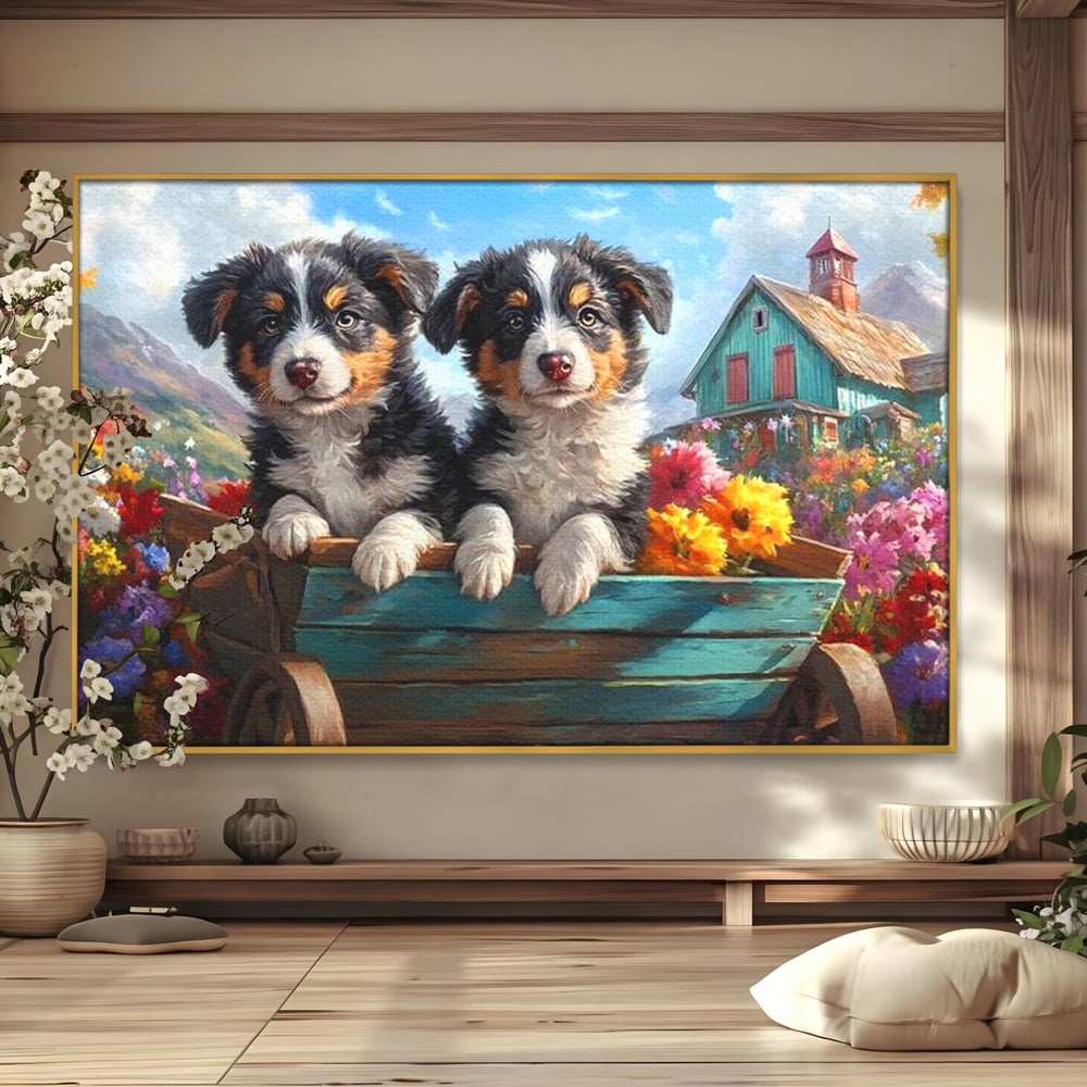 Tablou canvas cu doi catei australian shepherd in caruta cu flori, in rama de aluminiu auriu